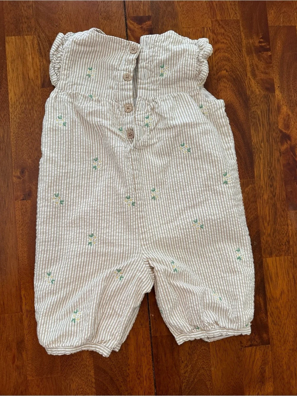 JoJo Maman Bebe Cream and Green Embroidered Seersucker One-Piece